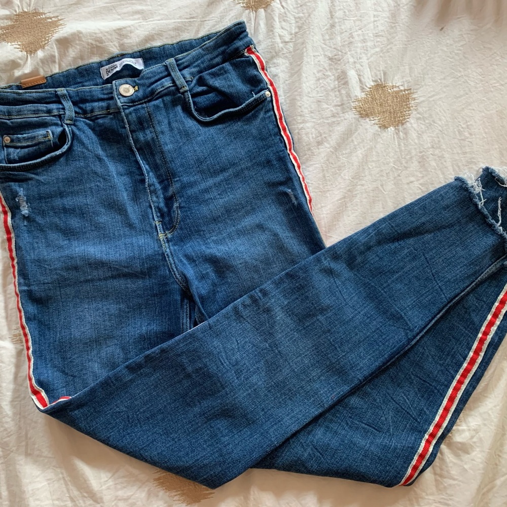 Zara High Waisted Skinny Jeans with Red Stripe